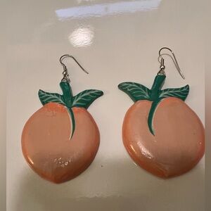 Wood Handmade Peach-Shaped Earrings with Leaf Design